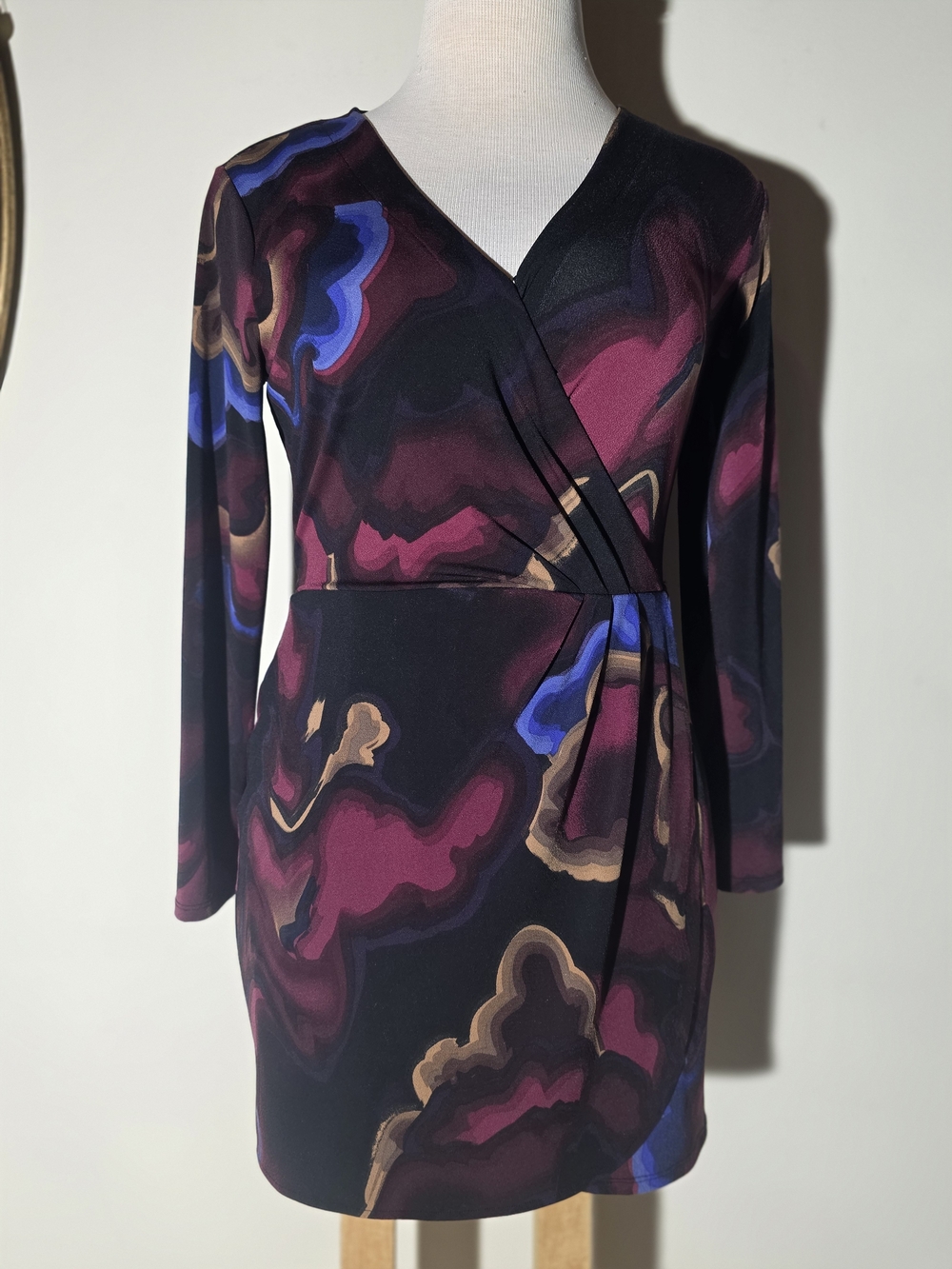 Nine West Long-Sleeve Dress in Burgundy, Blue & Black Abstract Print (Size L)
